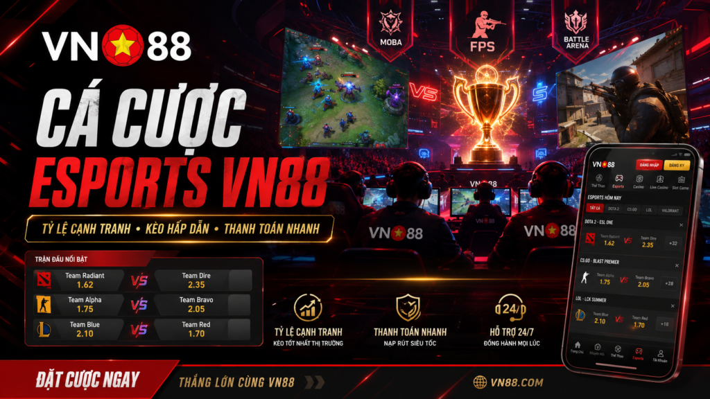 Giao diện cá cược Esports VN88 với các tựa game và bảng tỷ lệ kèo