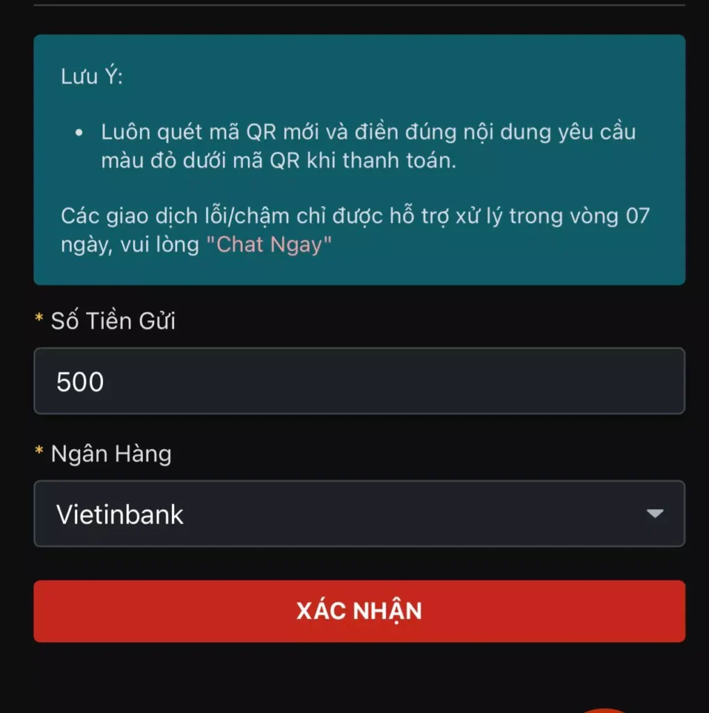 Giao diện lựa chọn phương thức gửi tiền VN88