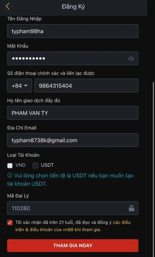 Điền thông tin đăng ký tài khoản VN88
