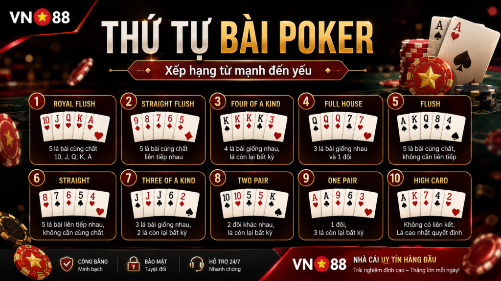 Thứ tự bài Poker từ Royal Flush đến High Card